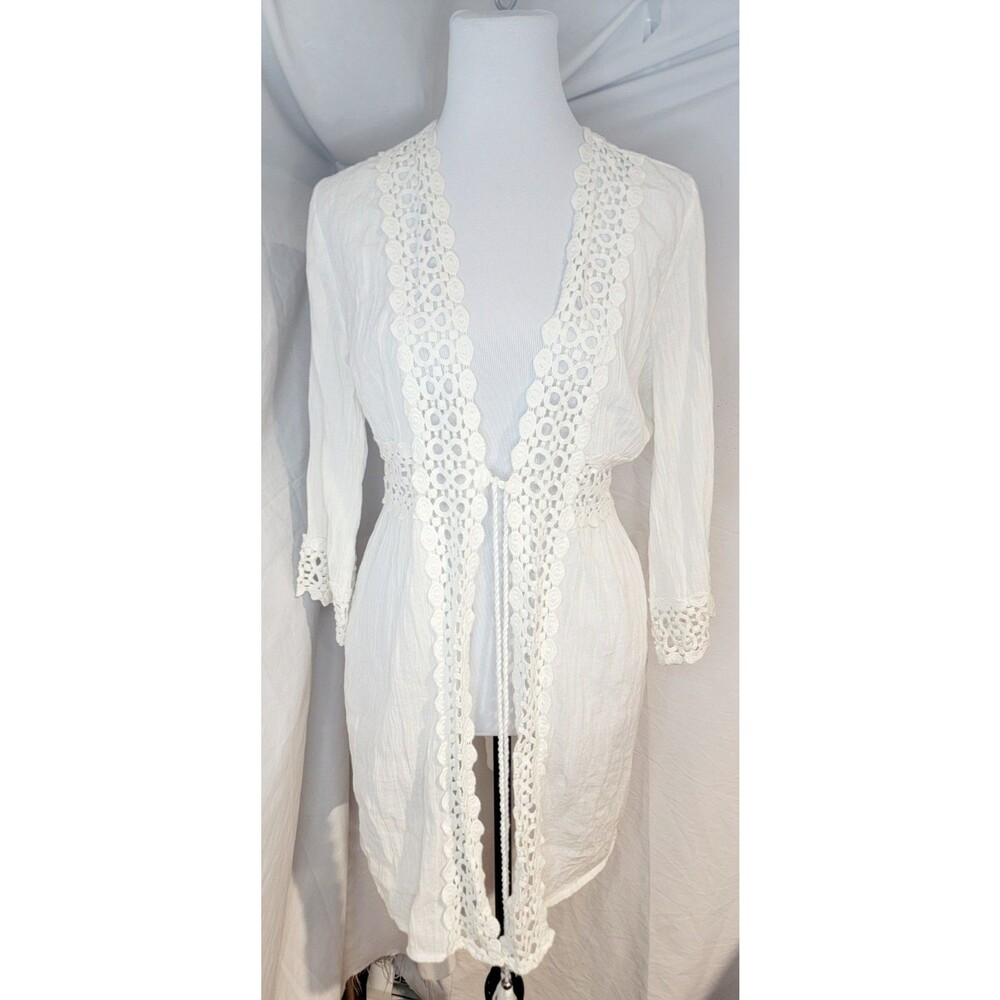 Boho Beach Kimono Womens Small Cream Open Front Duster Crochet Trim Festival
